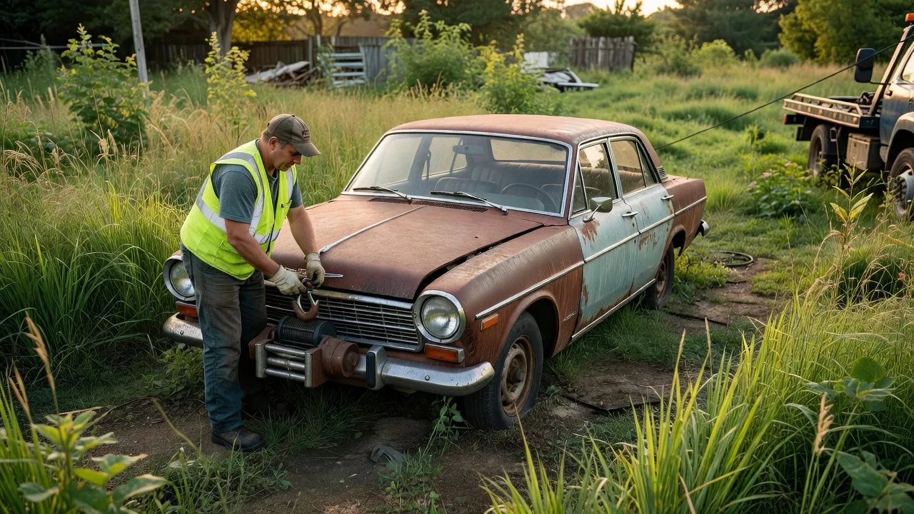 A flatbed tow truck hauling an old rusty sedan away from a suburban driveway