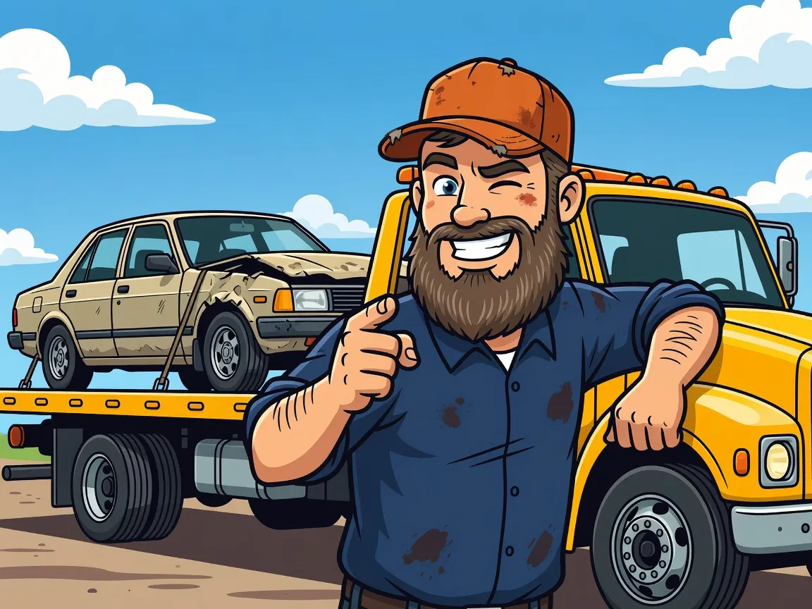 Rusty junto a una grúa con un carro viejo